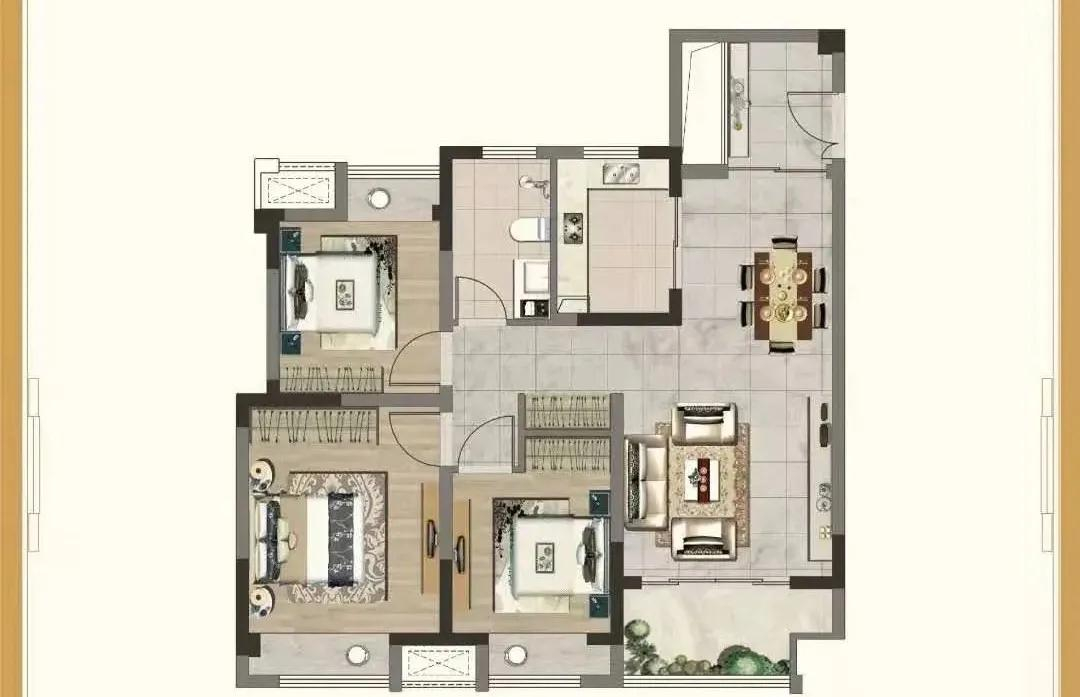 洋房建面约90㎡，三室两厅一卫户型图