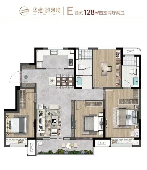 扬州华建韵河境楼盘建面约128平面积户型图出炉，四室二厅二卫，户型方正。