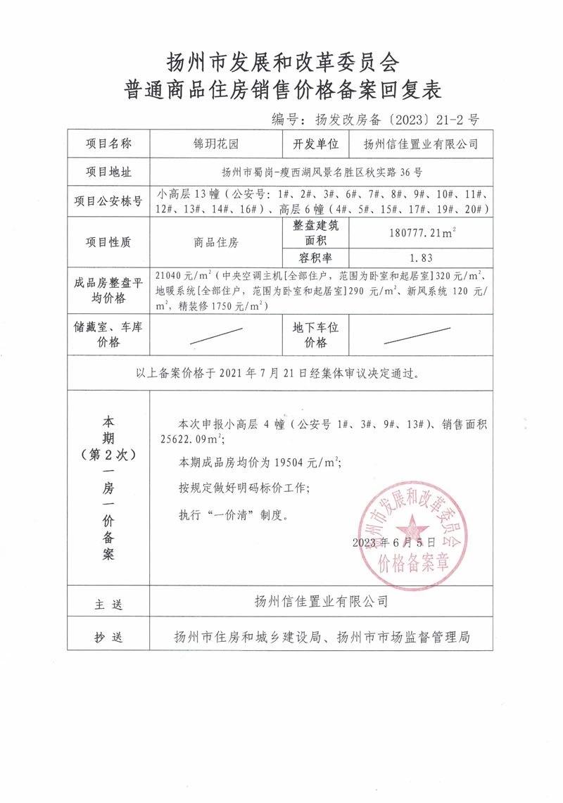 扬州中信泰富锦玥府本批次申报小高层1#、3#、9#、13#楼备案价。