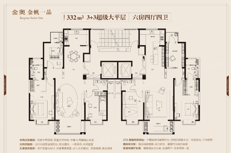 金奧金帆一品3 3**大平層戶型-6室4廳4衛,建築面積約332.0㎡